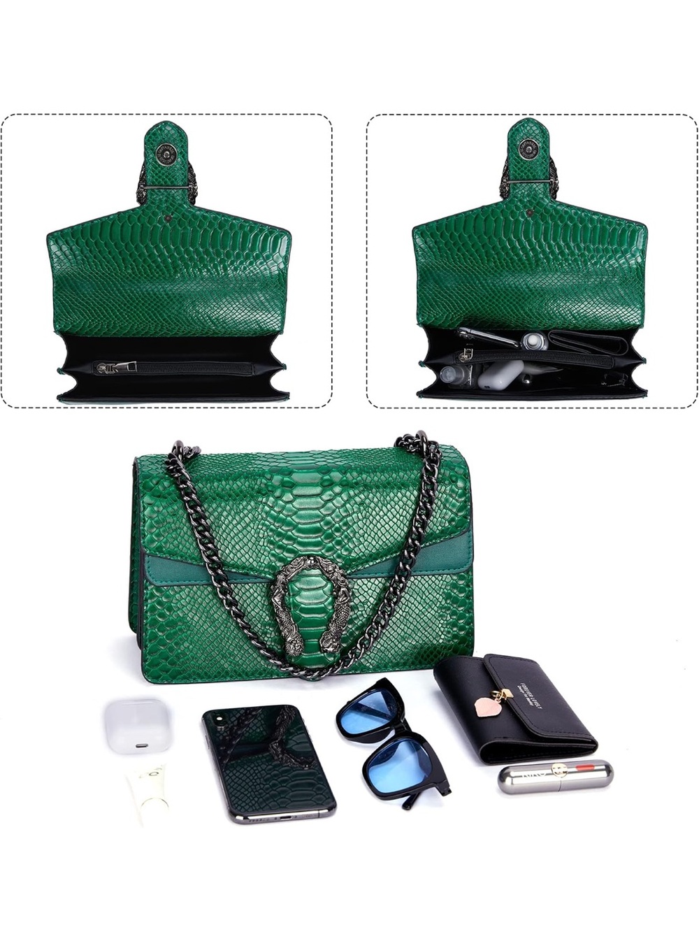 Emerald Green Snake Embossed Shoulder Bag | Chain Strap Designer Inspired Handba - Picture 4 of 8